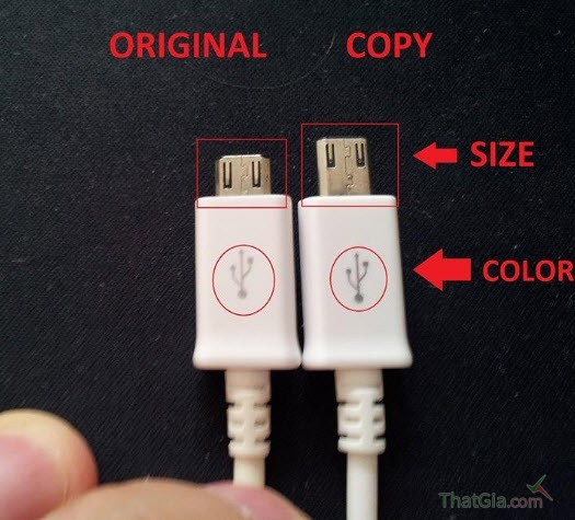 Chân cắm USB sạc chính hãng ngắn hơn so với hàng nhái